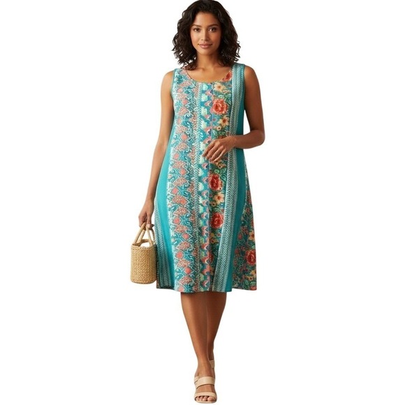 Everly Dresses & Skirts - EVERLY Teal Floral Geometric Border Print Sleeveless Shift Dress Small DR6400